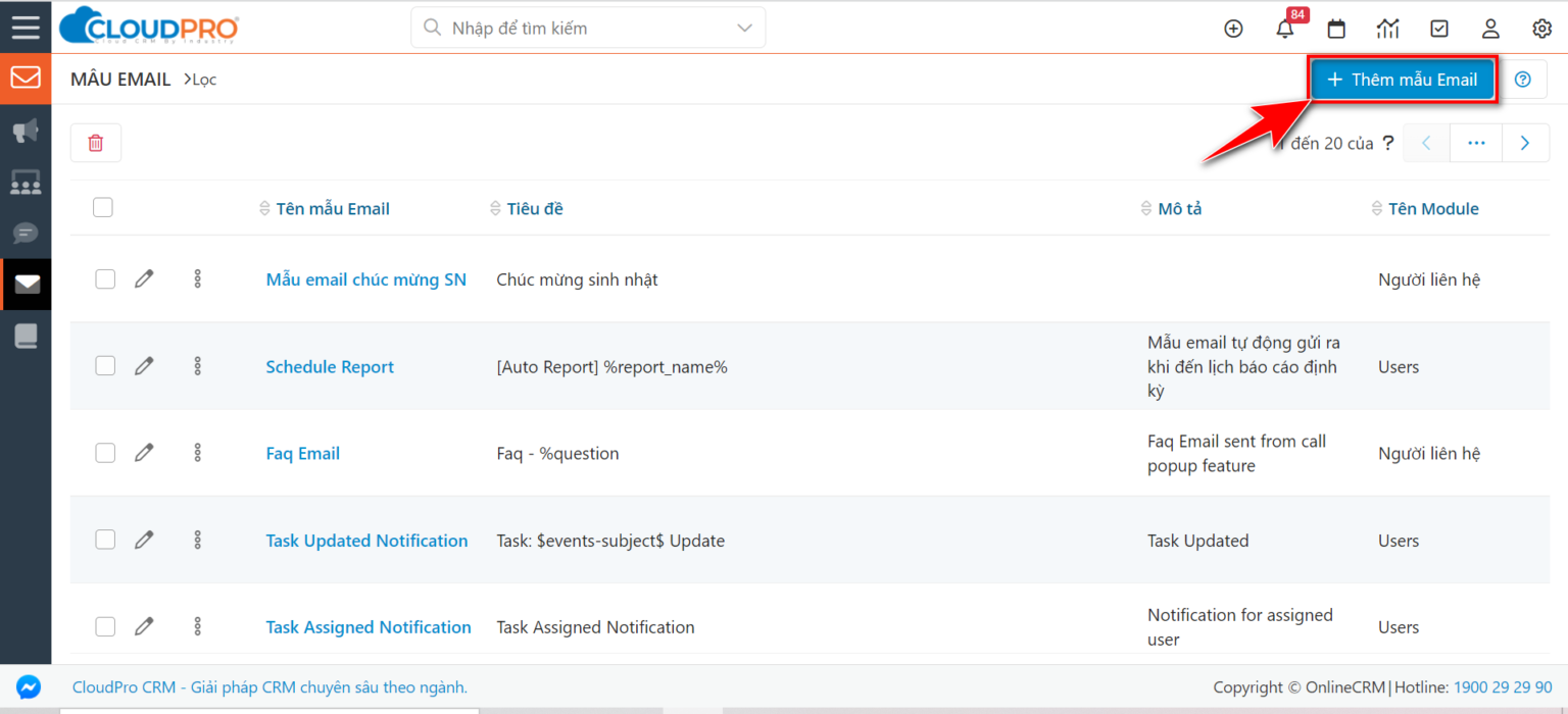 Mẫu Email – Hướng dẫn sử dụng CloudproCRM