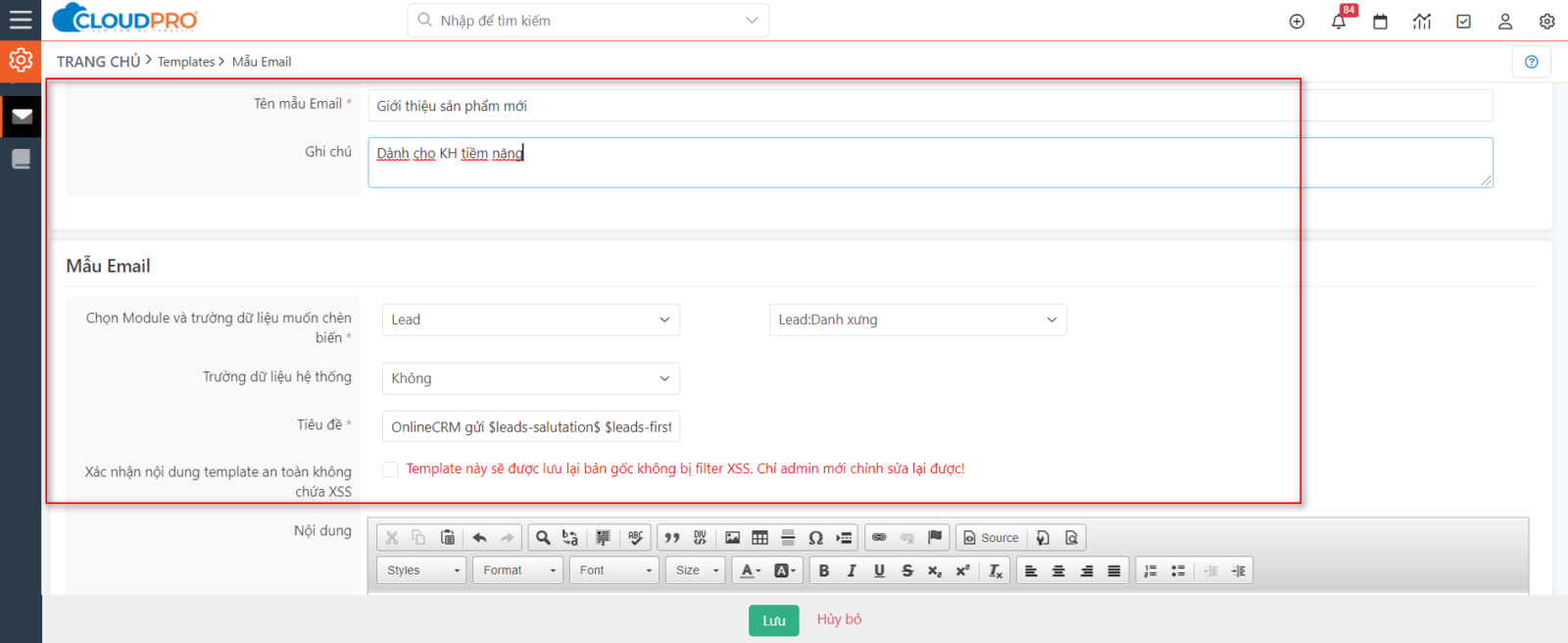 Mẫu Email – Hướng dẫn sử dụng CloudproCRM